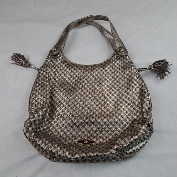 Elliott Lucca Hobo Bag Metallic Gold & Silver Braided Leather Purse - Picture 5 of 14